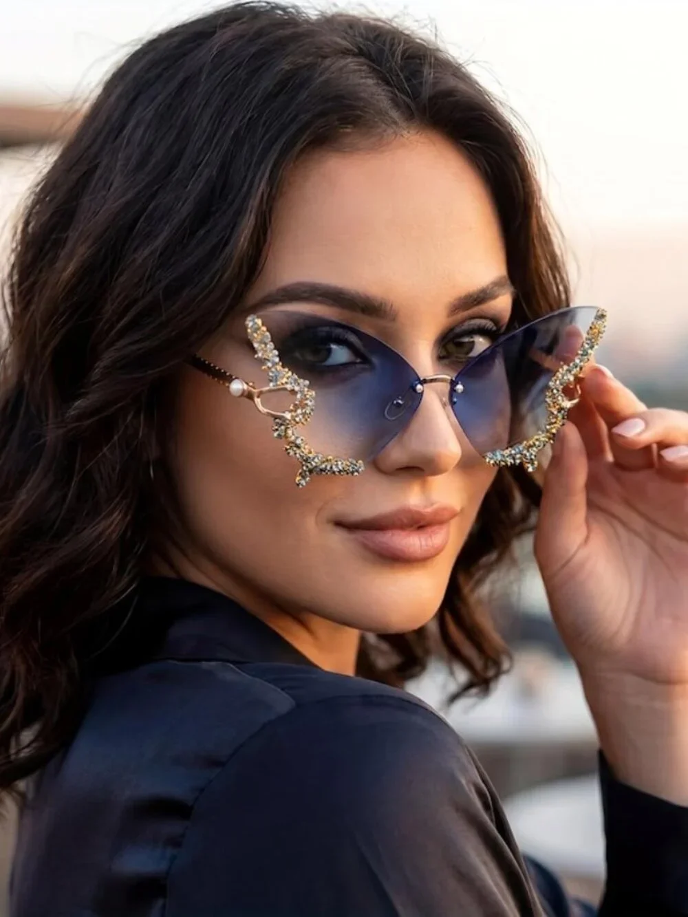 Rhinestone Butterfly Sunglasses - Blue Oversized Crystal Shades